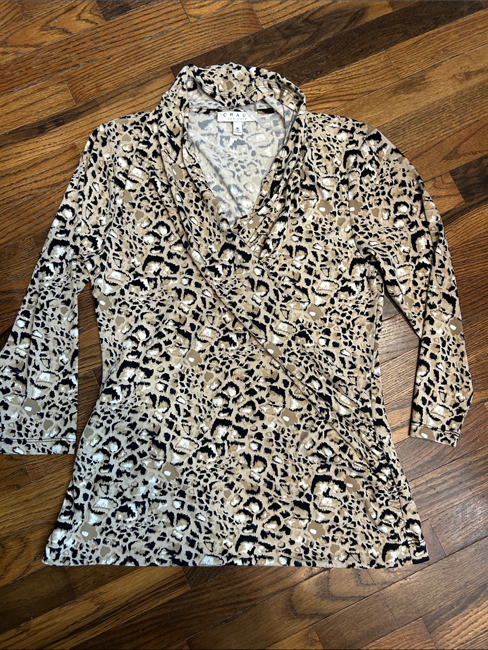 Chaus Tan and Black Animal-Print Faux-Wrap Tunic Size M